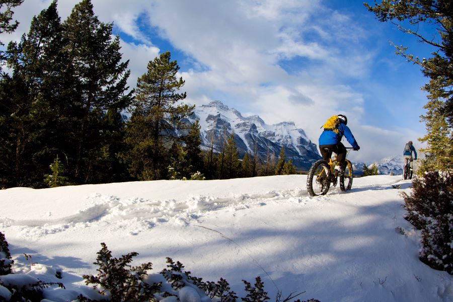 Fat bike rider going up a snowy hill