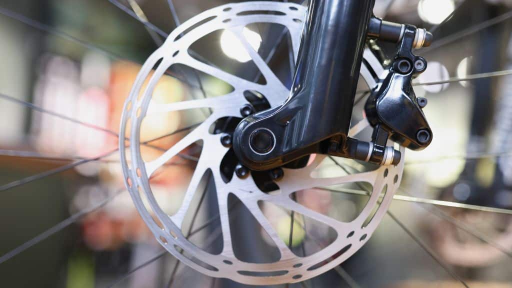 A disc brake on a bike